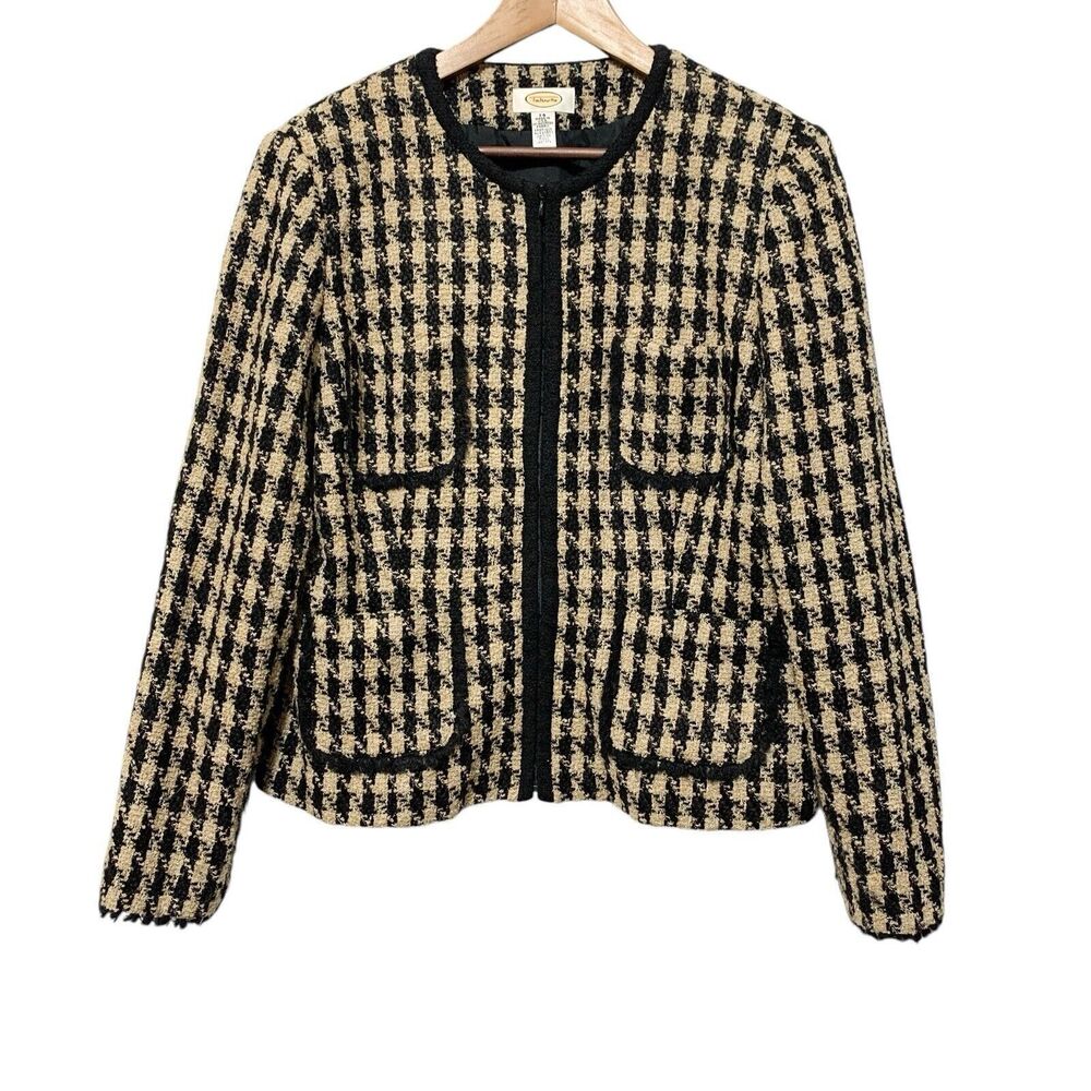 Talbots Houndstooth Tweed Blazer Jacket Wool Blend Pockets size 14